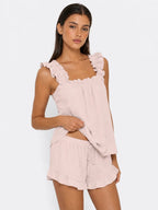 Conjunto de Pijama con Tirantes de Volantes y Short, color rosa suave