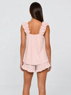 Conjunto de Pijama con Tirantes de Volantes y Short, color rosa suave