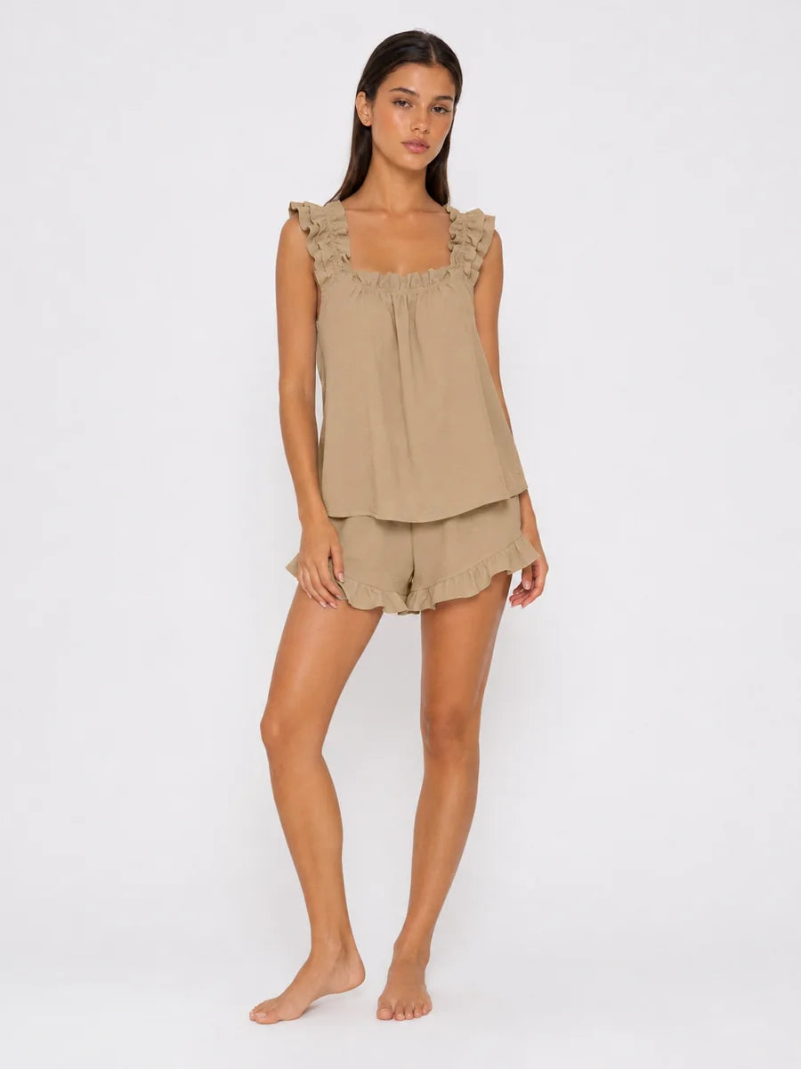 Conjunto de Pijama con Tirantes de Volantes y Short, color caqui