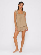 Conjunto de Pijama con Tirantes de Volantes y Short, color caqui