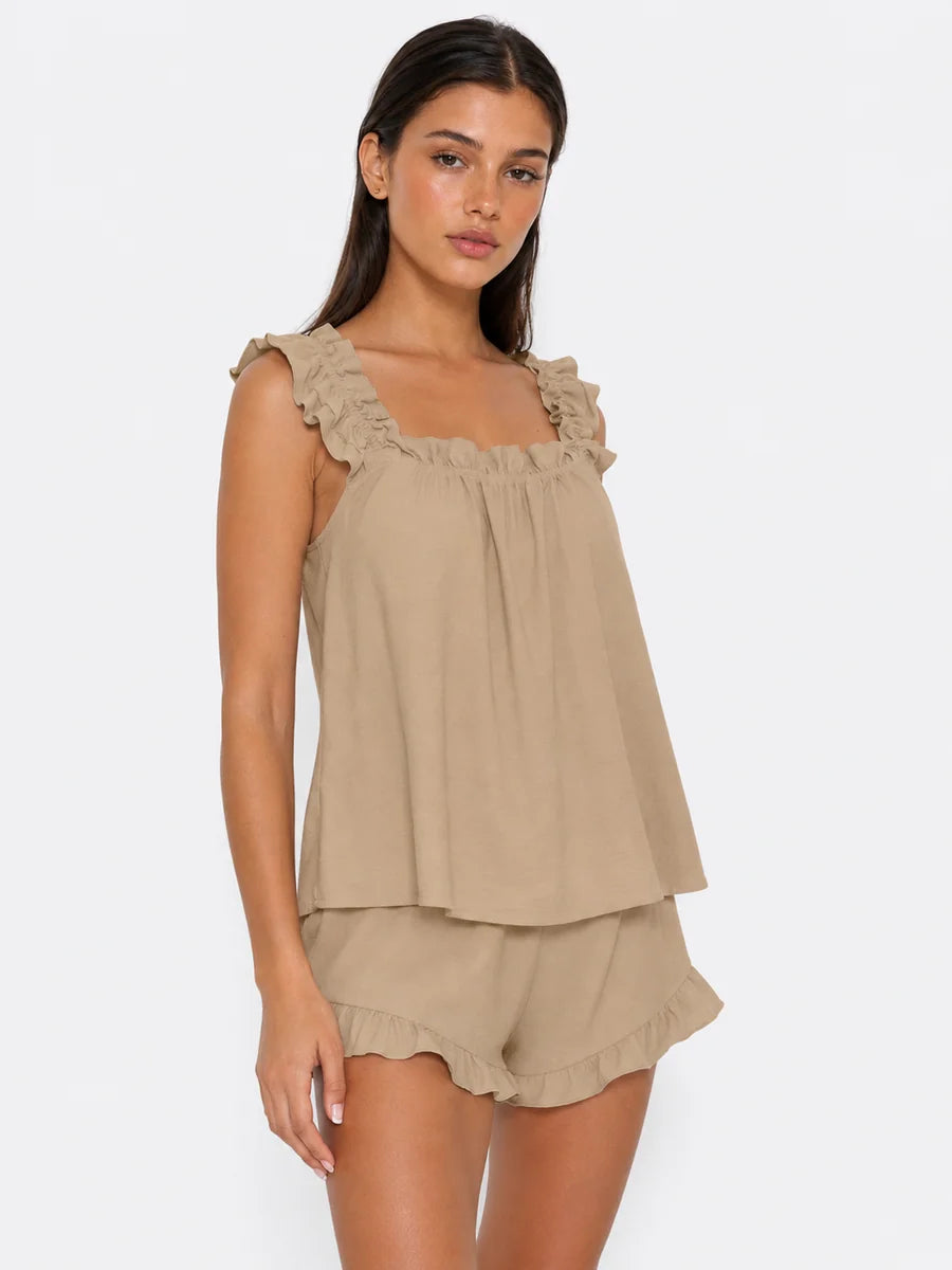 Conjunto de Pijama con Tirantes de Volantes y Short, color caqui