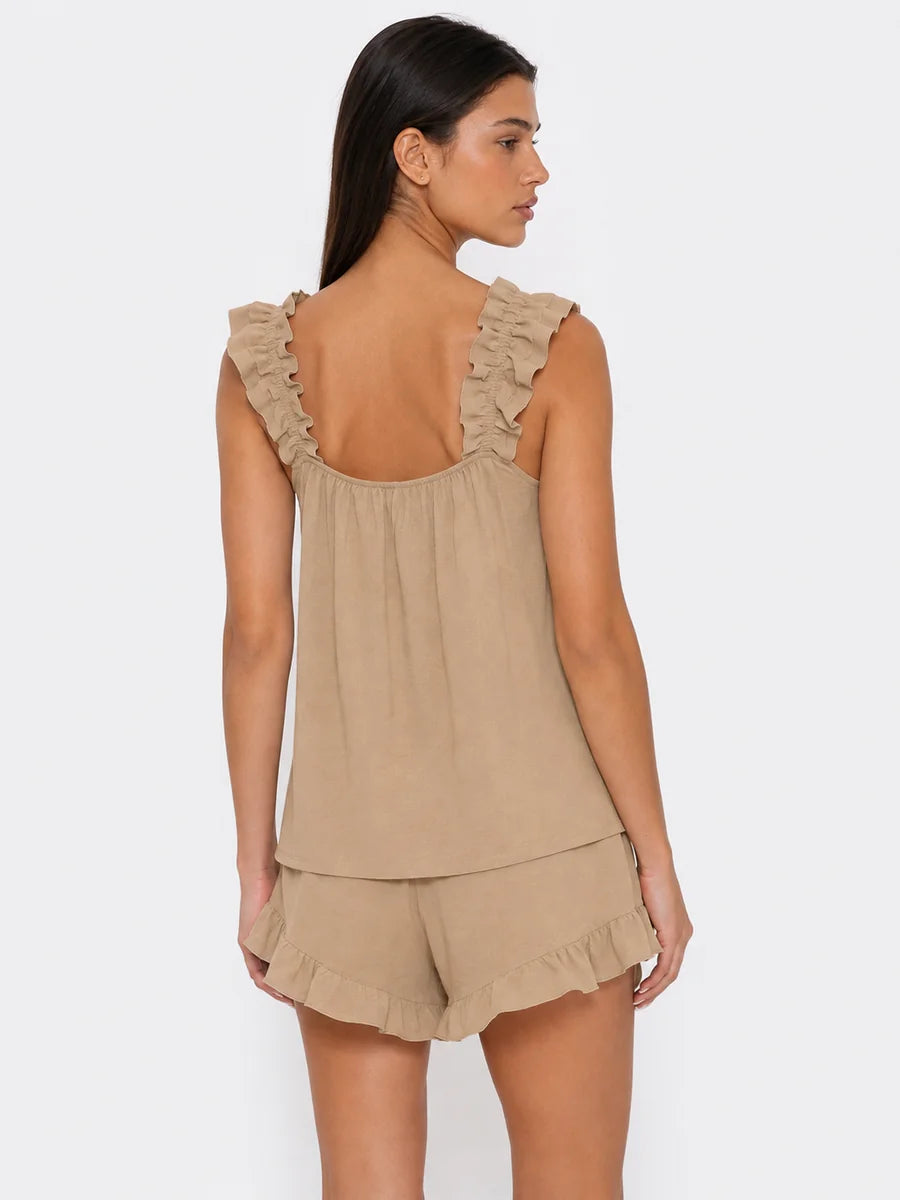 Conjunto de Pijama con Tirantes de Volantes y Short, color caqui