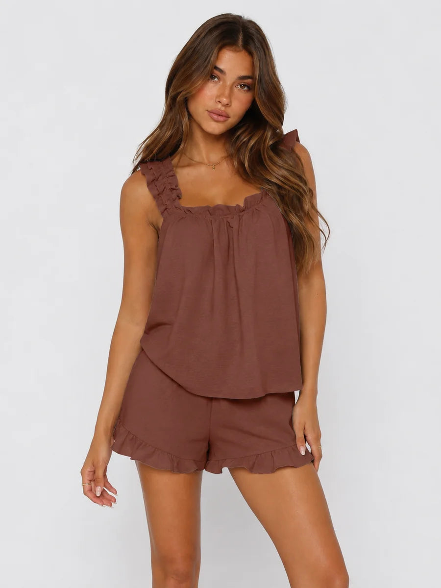 Conjunto de Pijama con Tirantes de Volantes y Short, color marrón