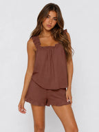 Conjunto de Pijama con Tirantes de Volantes y Short, color marrón