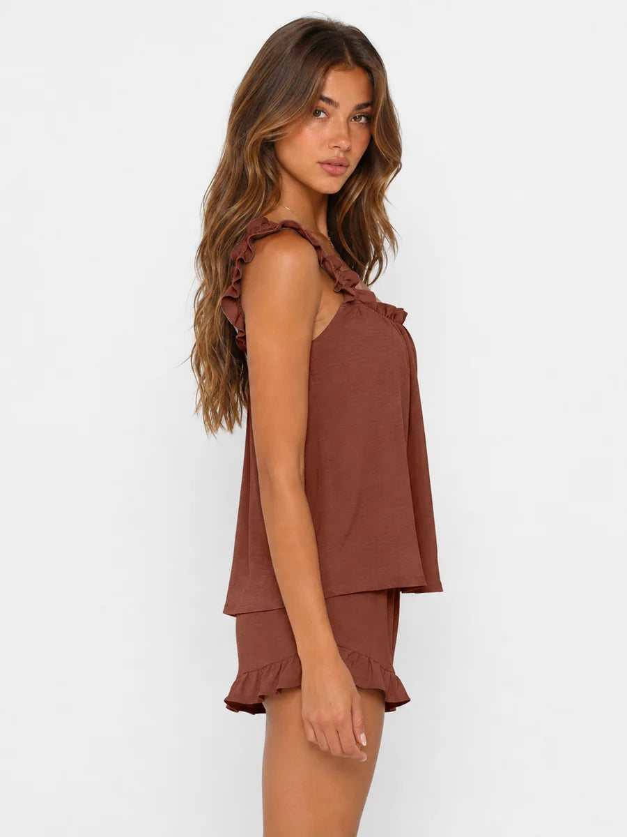 Conjunto de Pijama con Tirantes de Volantes y Short, color marrón