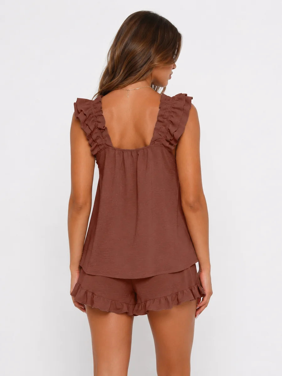 Conjunto de Pijama con Tirantes de Volantes y Short, color marrón