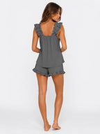 Conjunto de Pijama con Tirantes de Volantes y Short, color gris