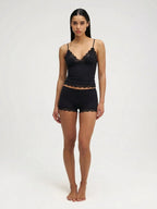 Conjunto de Pijama de Camisola y Short con Borde de Encaje, color negro