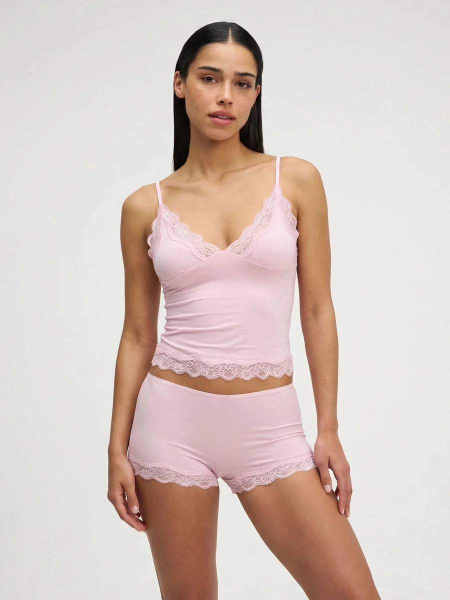 Conjunto de Pijama de Camisola y Short con Borde de Encaje, color rosa suave