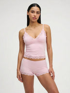 Conjunto de Pijama de Camisola y Short con Borde de Encaje, color rosa suave