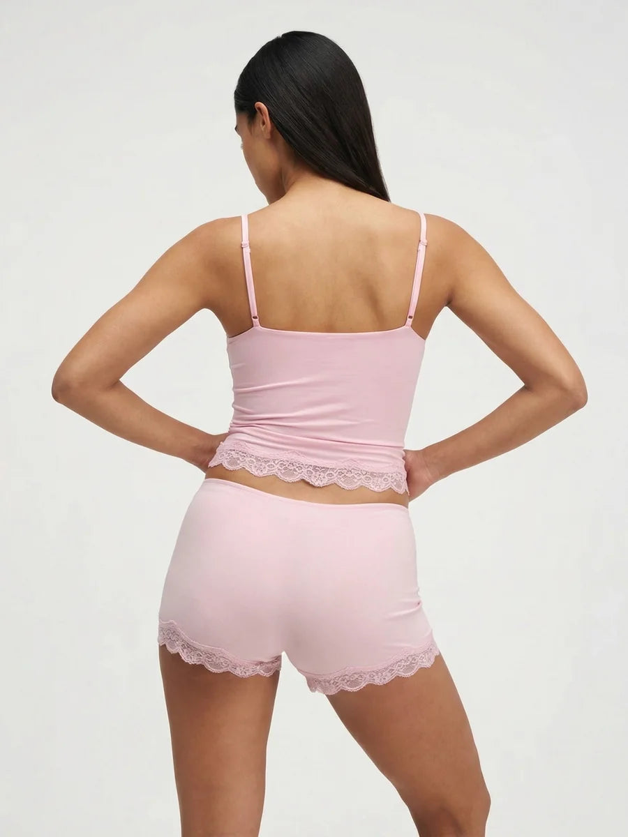 Conjunto de Pijama de Camisola y Short con Borde de Encaje, color rosa suave