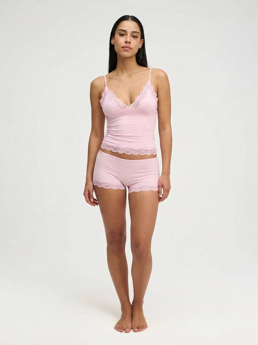 Conjunto de Pijama de Camisola y Short con Borde de Encaje, color rosa suave