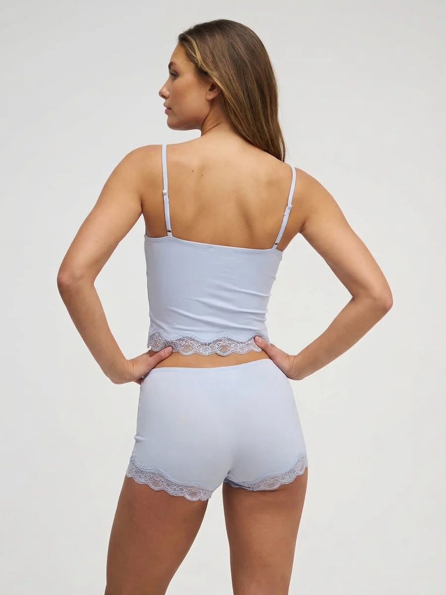 Conjunto de Pijama de Camisola y Short con Borde de Encaje, color azul claro