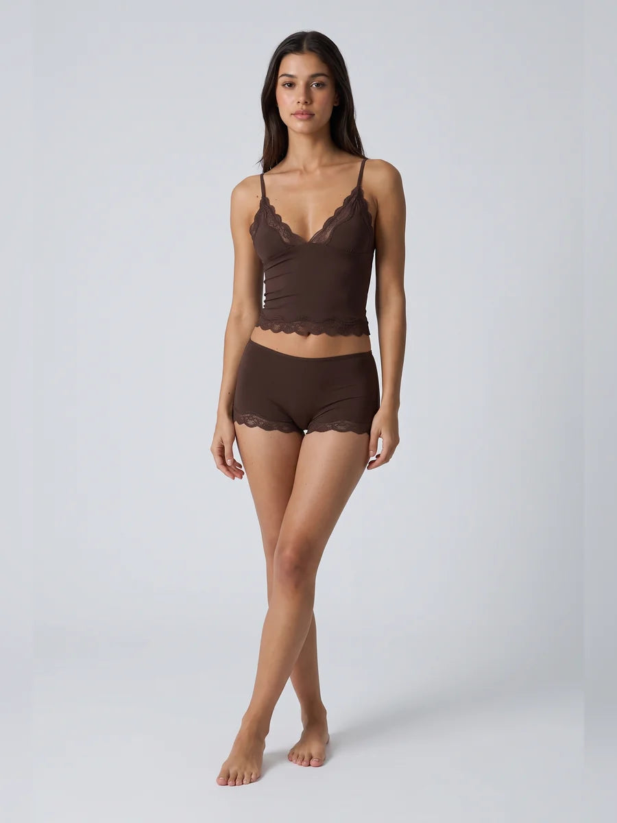 Conjunto de Pijama de Camisola y Short con Borde de Encaje, color marrón oscuro