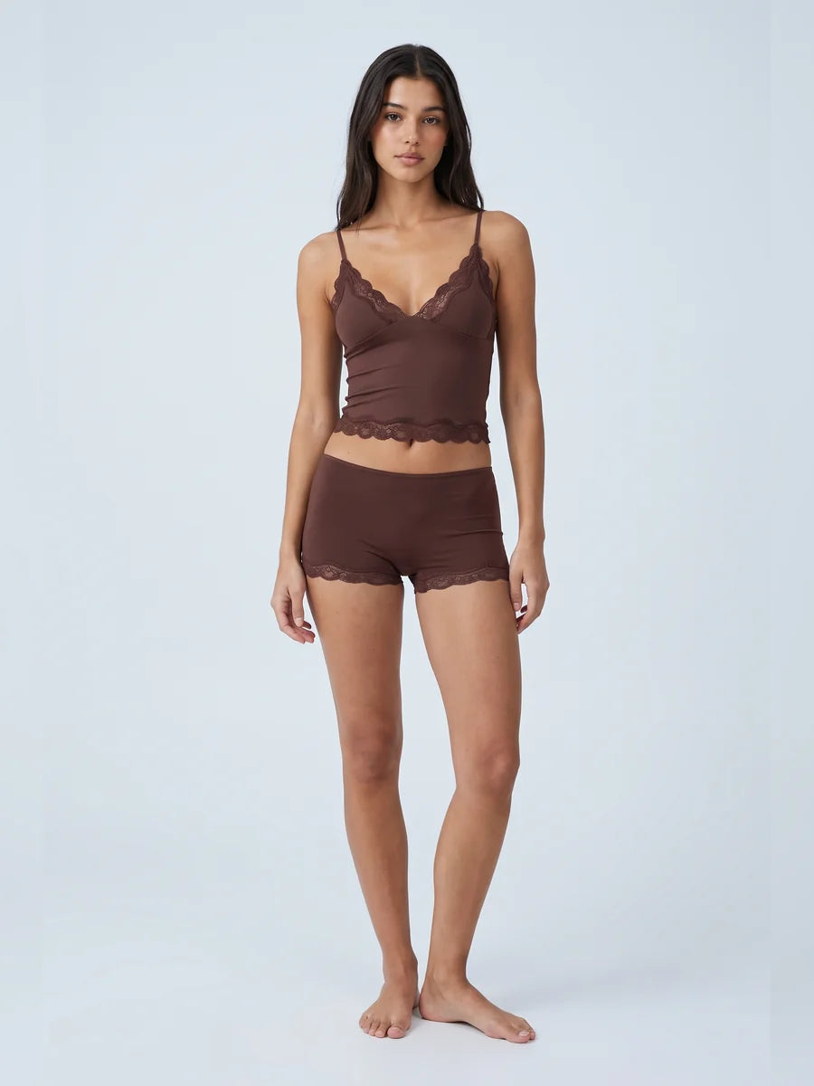 Conjunto de Pijama de Camisola y Short con Borde de Encaje, color marrón