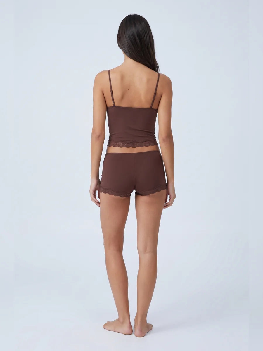Conjunto de Pijama de Camisola y Short con Borde de Encaje, color marrón