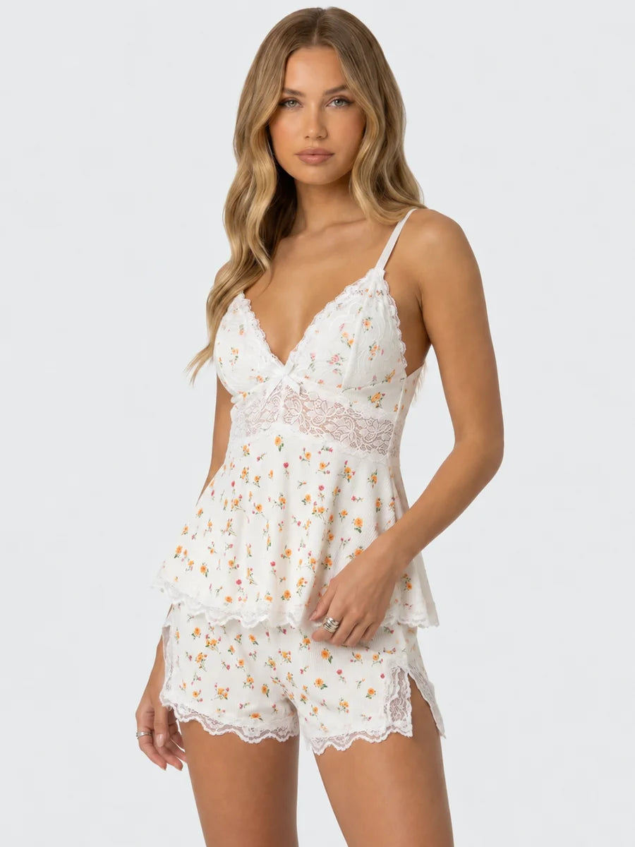 Conjunto de Pijama Babydoll de Flores con Encaje