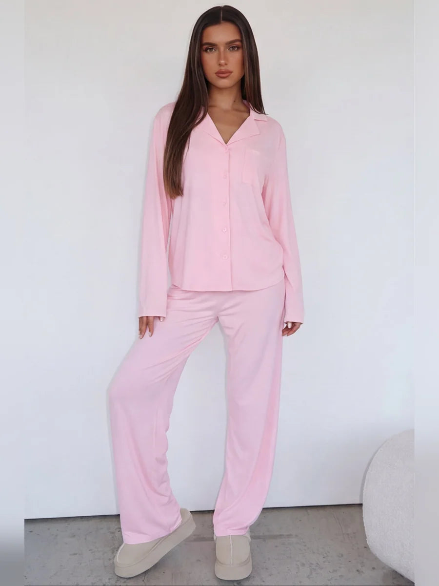 Conjunto de Pijama de Camisa y Pantalón Ancho Rosa Empolvado