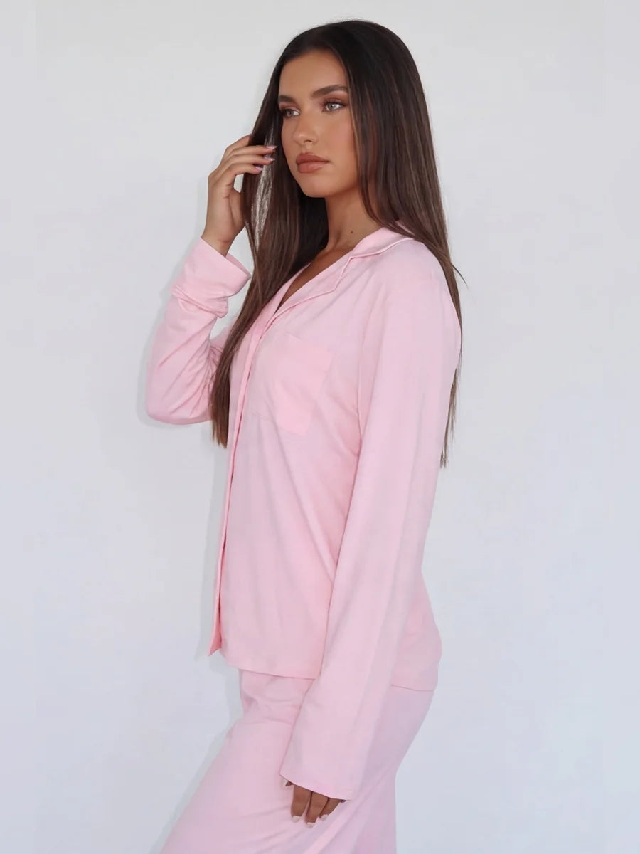 Conjunto de Pijama de Camisa y Pantalón Ancho Rosa Empolvado