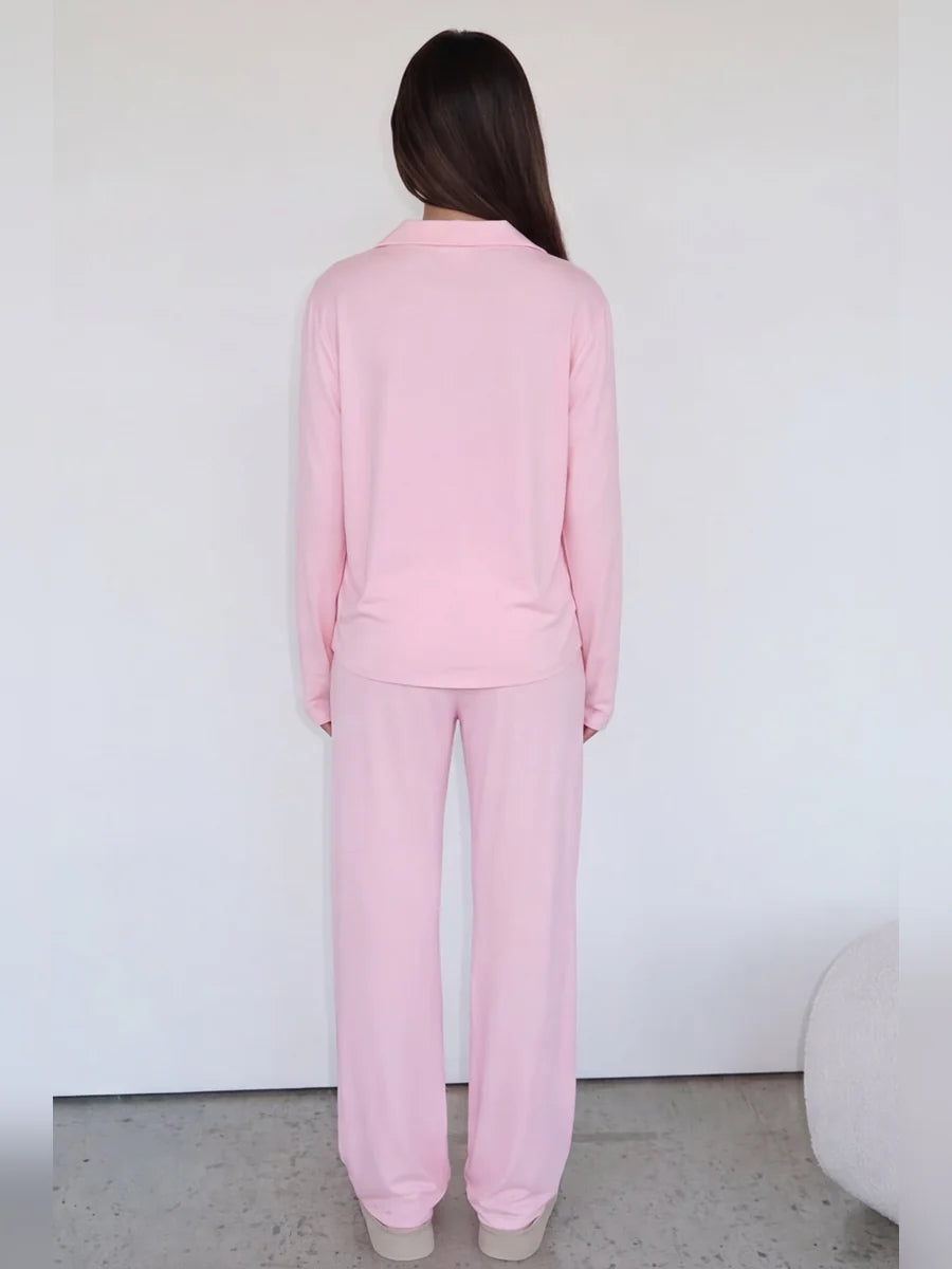 Conjunto de Pijama de Camisa y Pantalón Ancho Rosa Empolvado