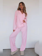 Conjunto de Pijama de Camisa y Pantalón Ancho Rosa Empolvado
