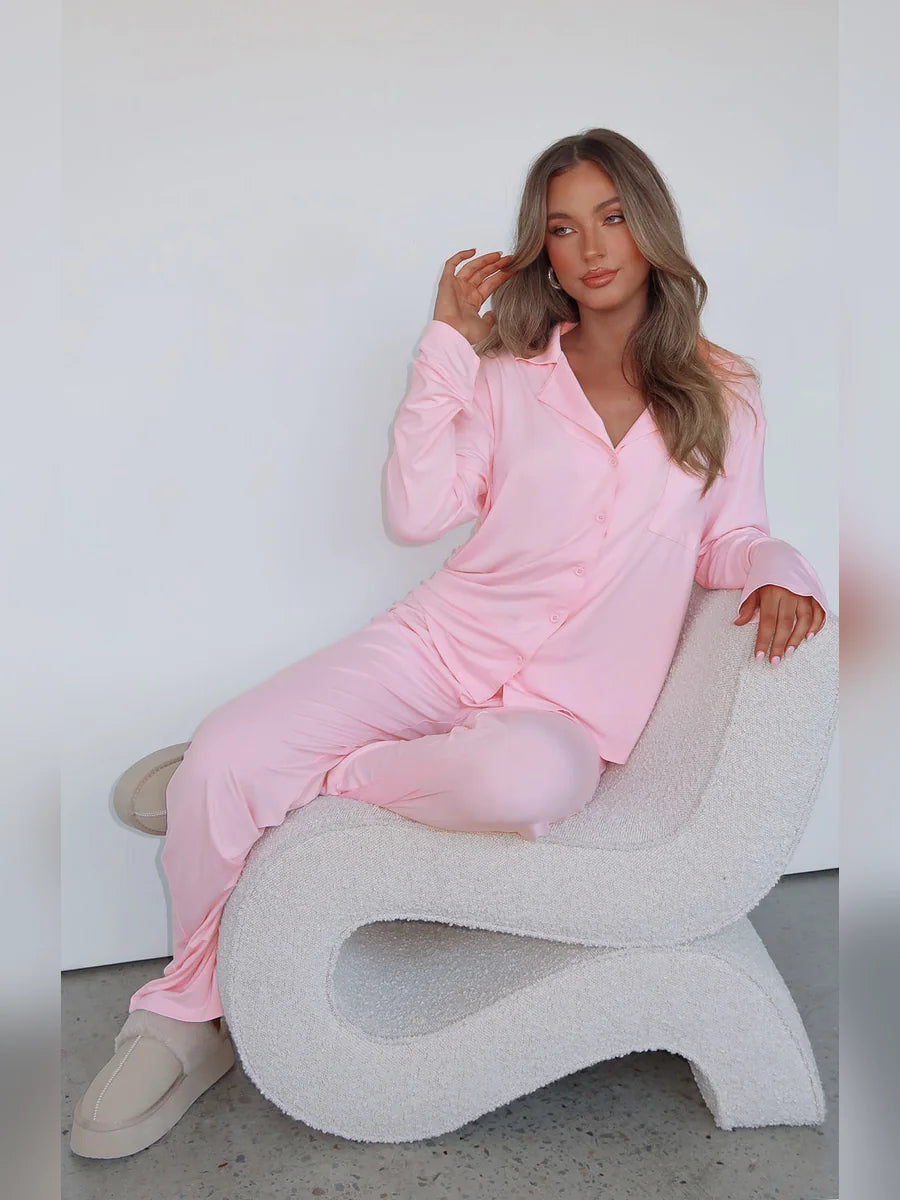Conjunto de Pijama de Camisa y Pantalón Ancho Rosa Empolvado