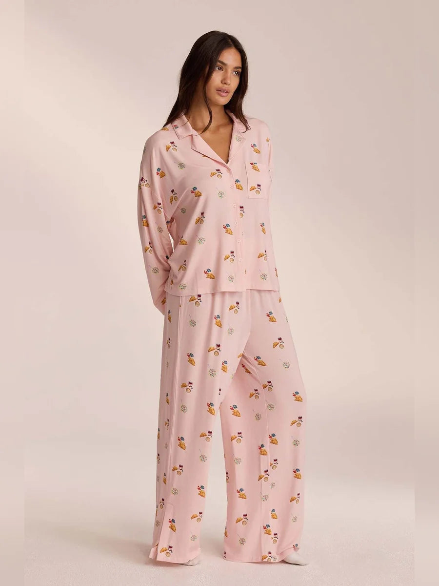 Conjunto de Pijama de Camisa y Pantalón Ancho Estampado, color rosa suave