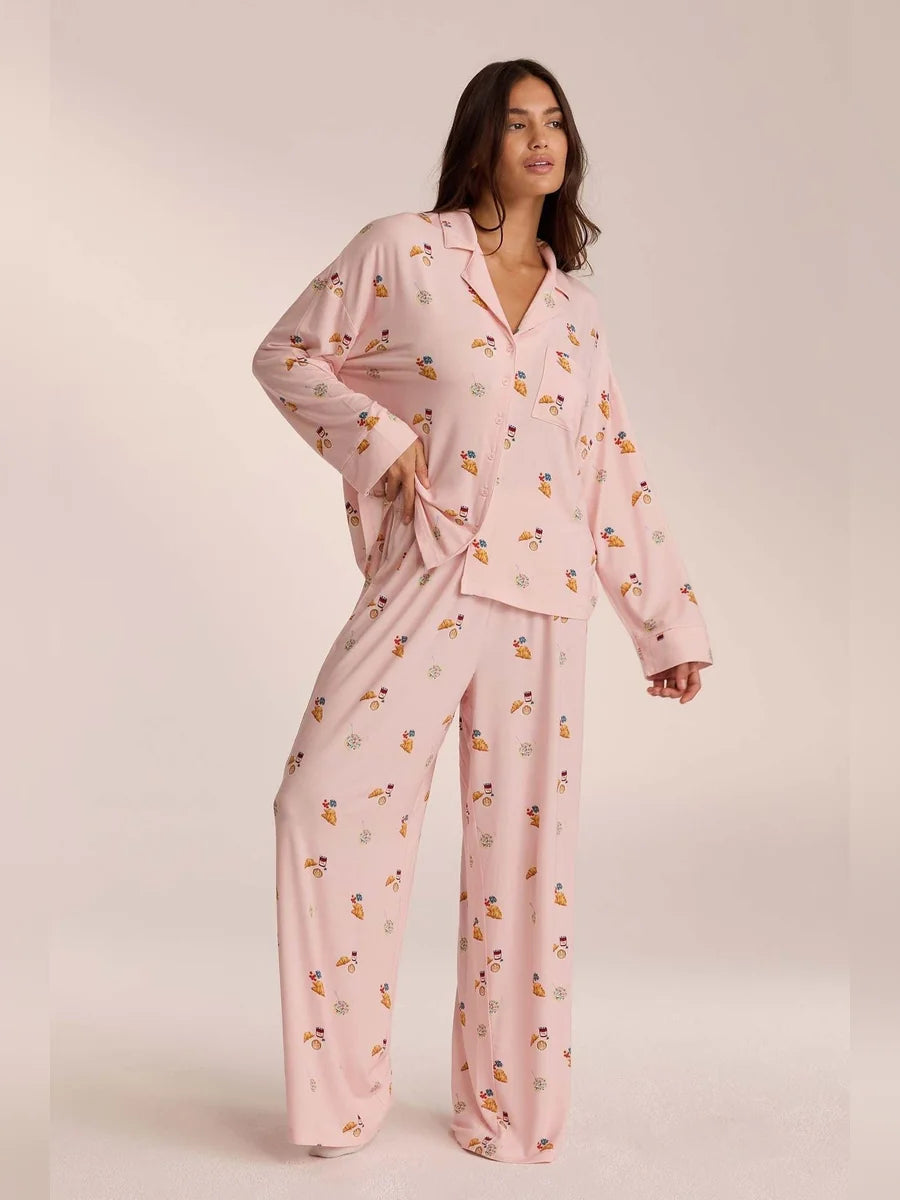 Conjunto de Pijama de Camisa y Pantalón Ancho Estampado, color rosa suave