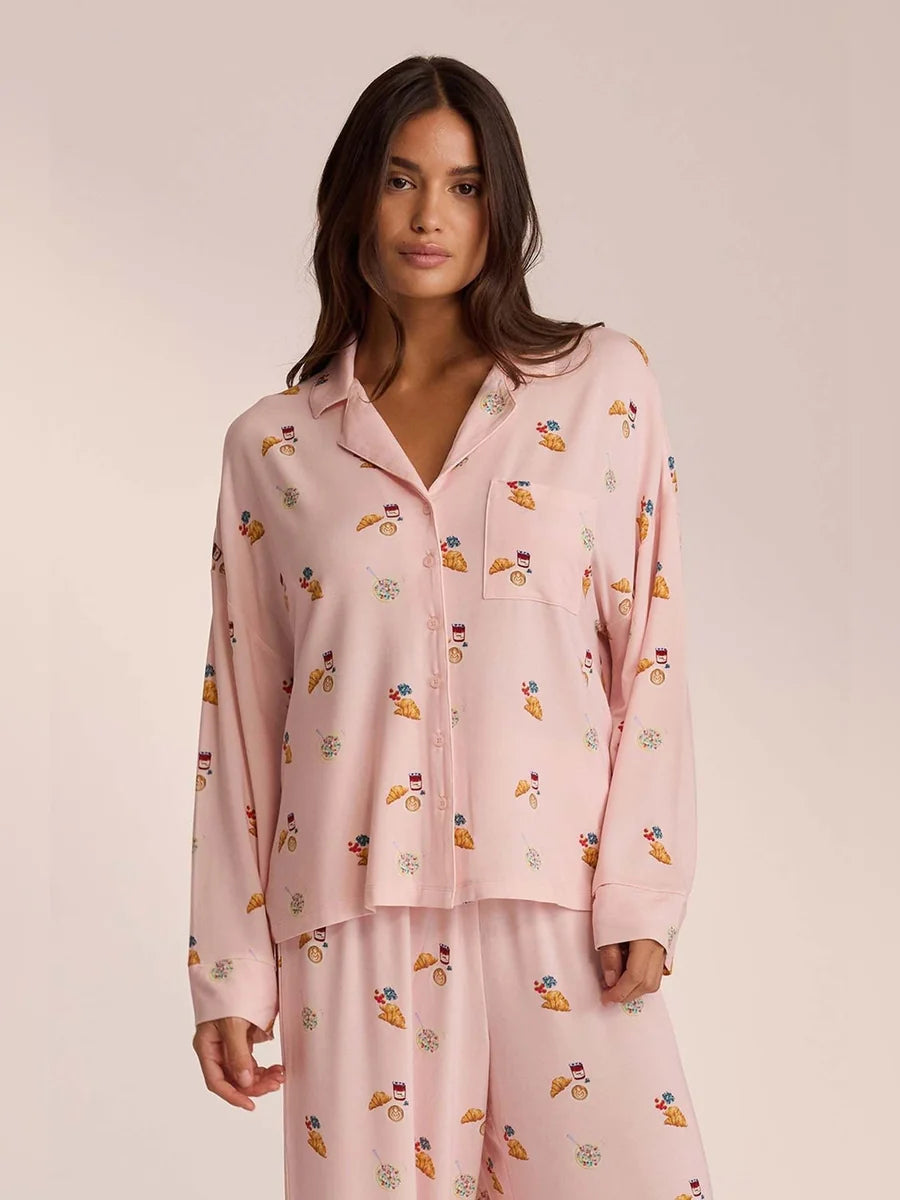 Conjunto de Pijama de Camisa y Pantalón Ancho Estampado, color rosa suave