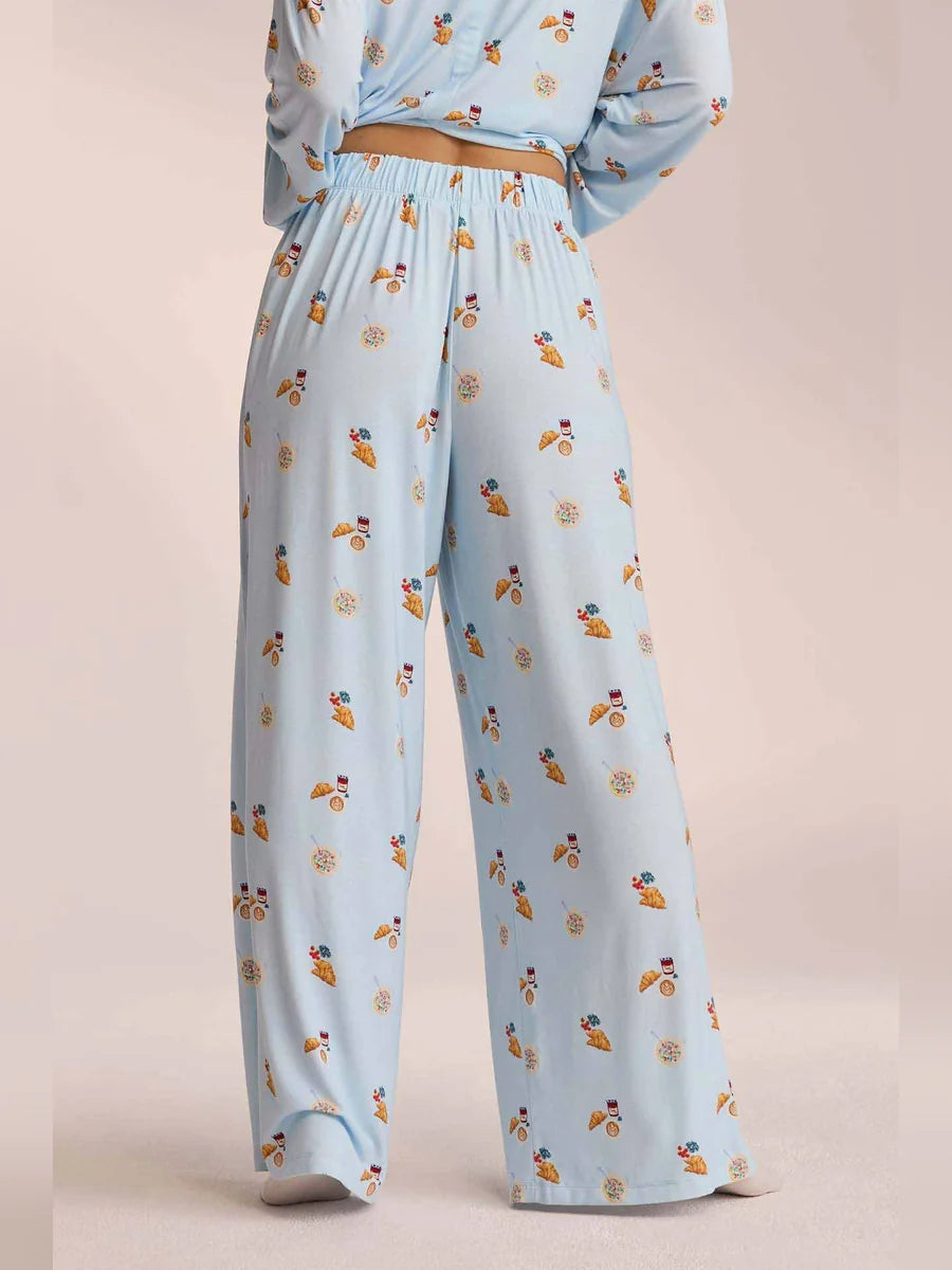 Conjunto de Pijama de Camisa y Pantalón Ancho Estampado, color azul claro