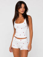 Conjunto de Pijama Acanalado con Estampado de Corazones, color blanco