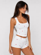 Conjunto de Pijama Acanalado con Estampado de Corazones, color blanco