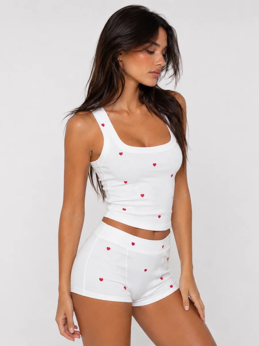 Conjunto de Pijama Acanalado con Estampado de Corazones, color blanco