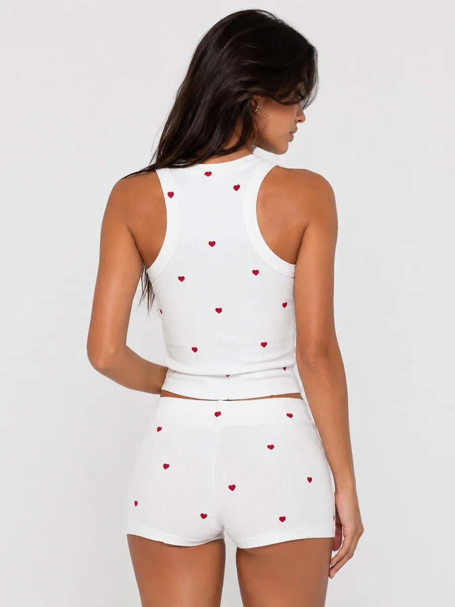 Conjunto de Pijama Acanalado con Estampado de Corazones, color blanco