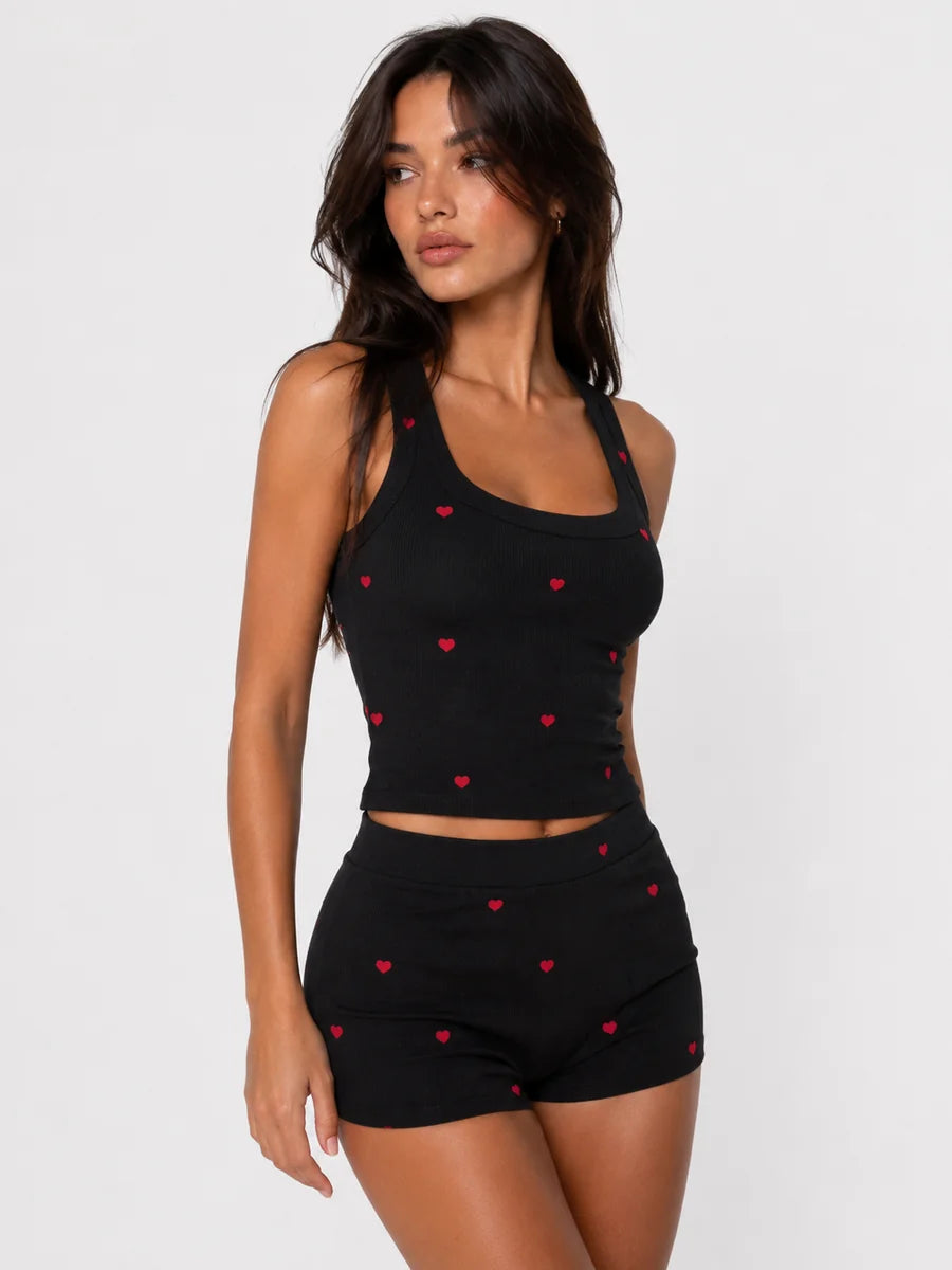 Conjunto de Pijama Acanalado con Estampado de Corazones, color negro