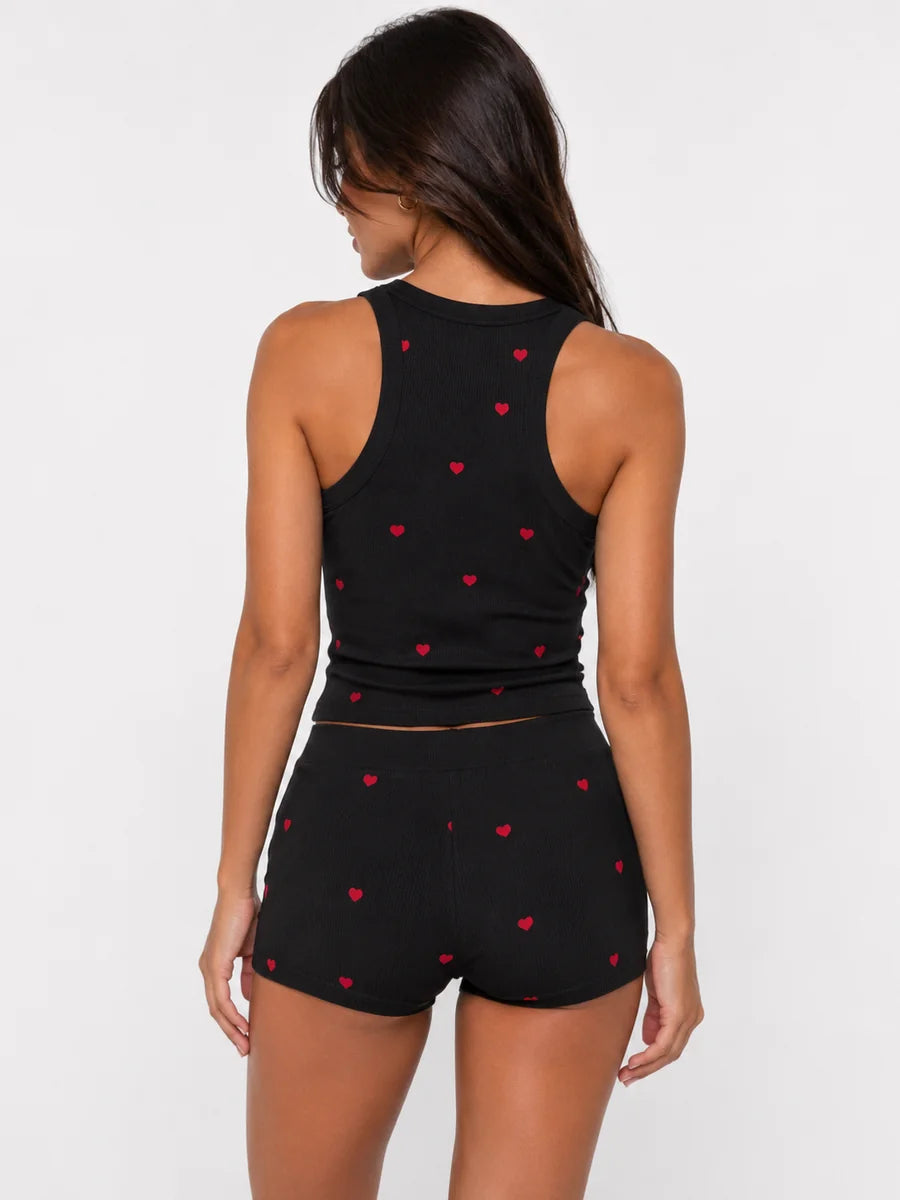 Conjunto de Pijama Acanalado con Estampado de Corazones, color negro