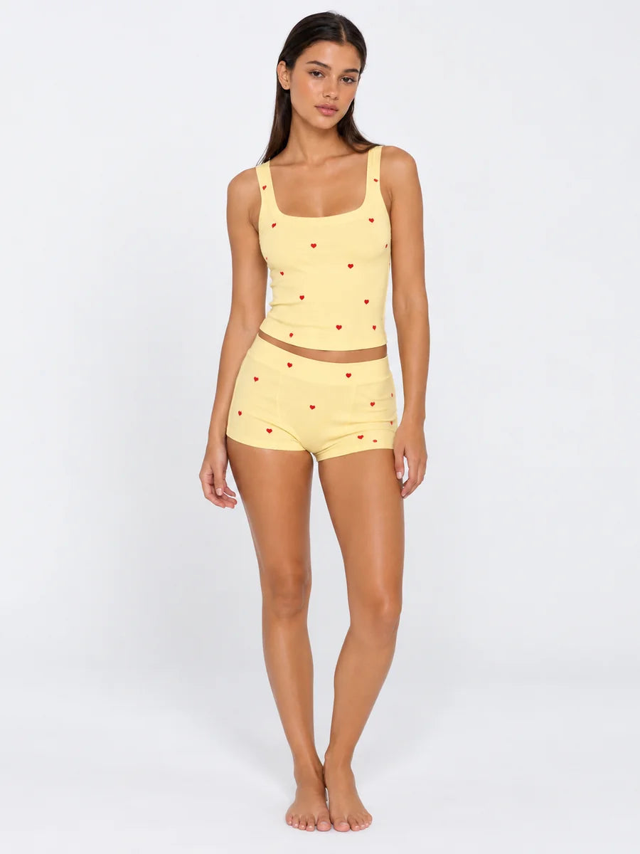 Conjunto de Pijama Acanalado con Estampado de Corazones, color amarillo claro