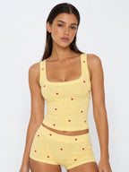 Conjunto de Pijama Acanalado con Estampado de Corazones, color amarillo claro