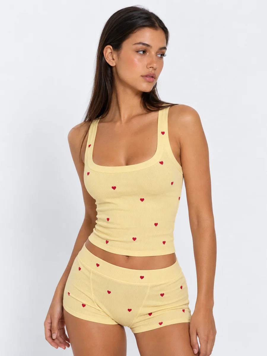 Conjunto de Pijama Acanalado con Estampado de Corazones, color amarillo claro
