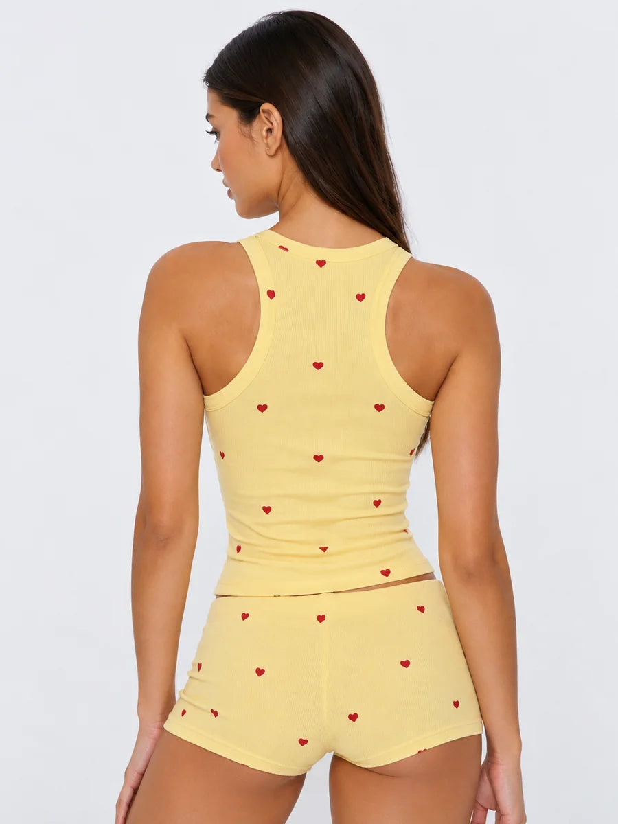 Conjunto de Pijama Acanalado con Estampado de Corazones, color amarillo claro