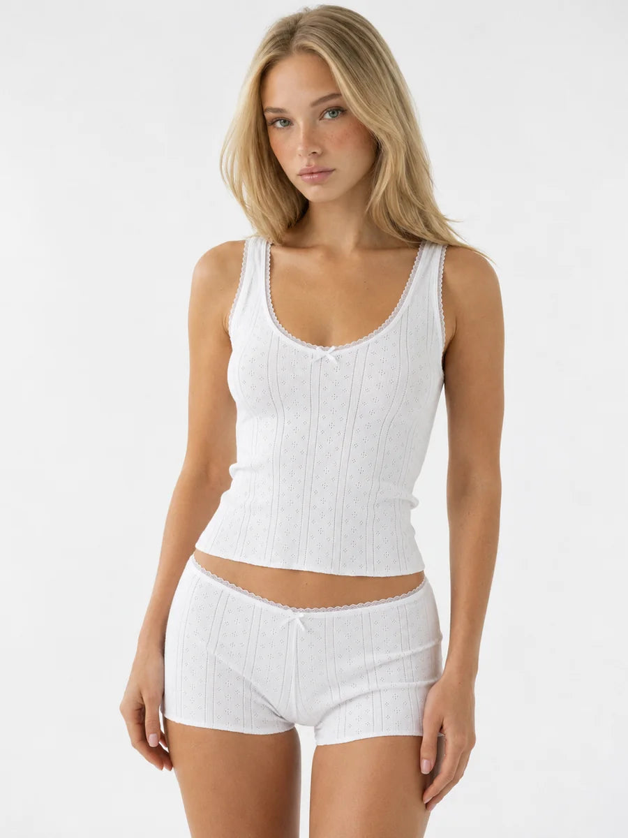 Conjunto de Pijama de Punto Pointelle con Lazos, color blanco