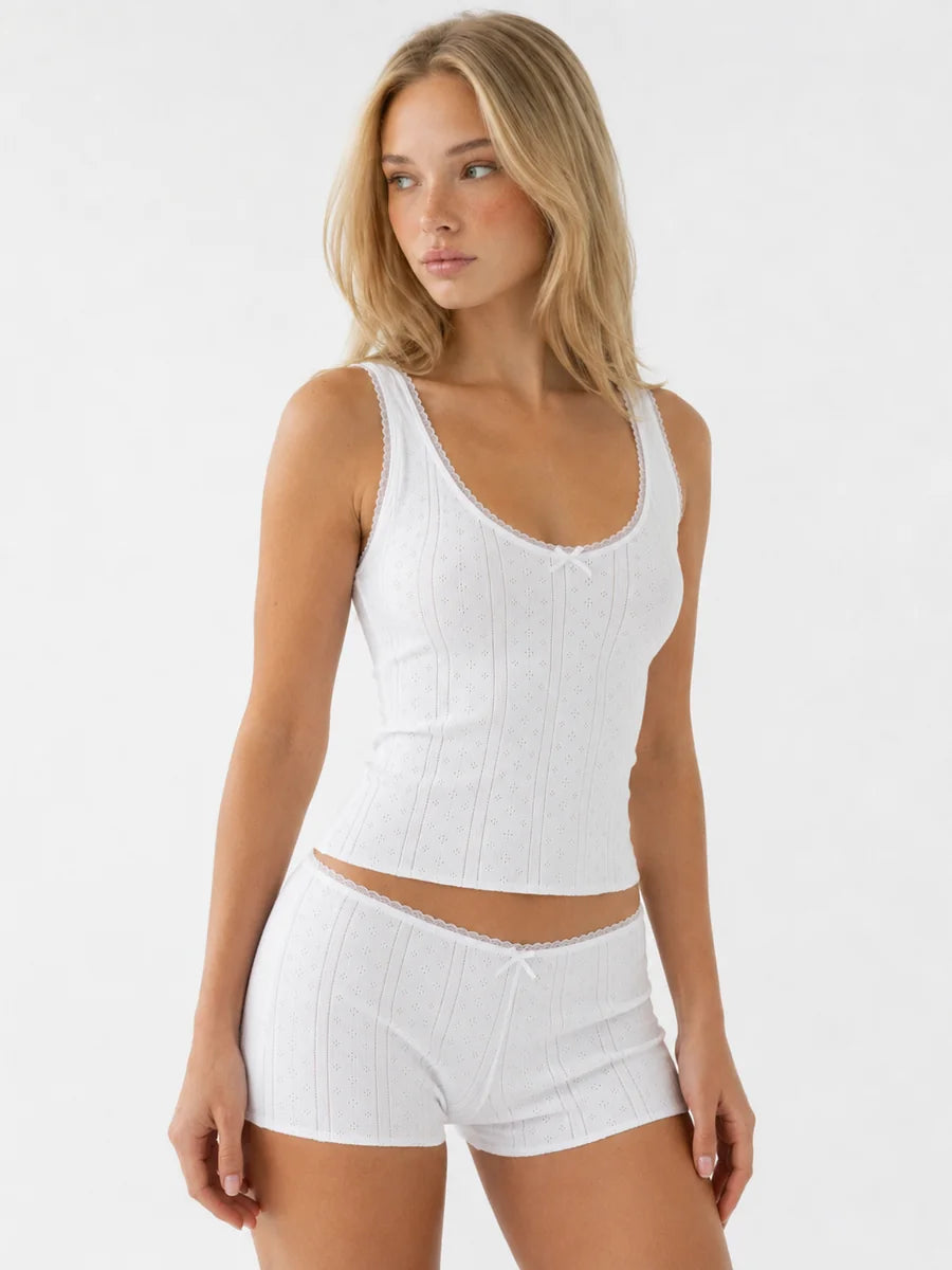 Conjunto de Pijama de Punto Pointelle con Lazos, color blanco