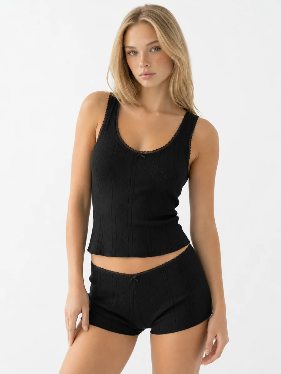 Conjunto de Pijama de Punto Pointelle con Lazos, color negro