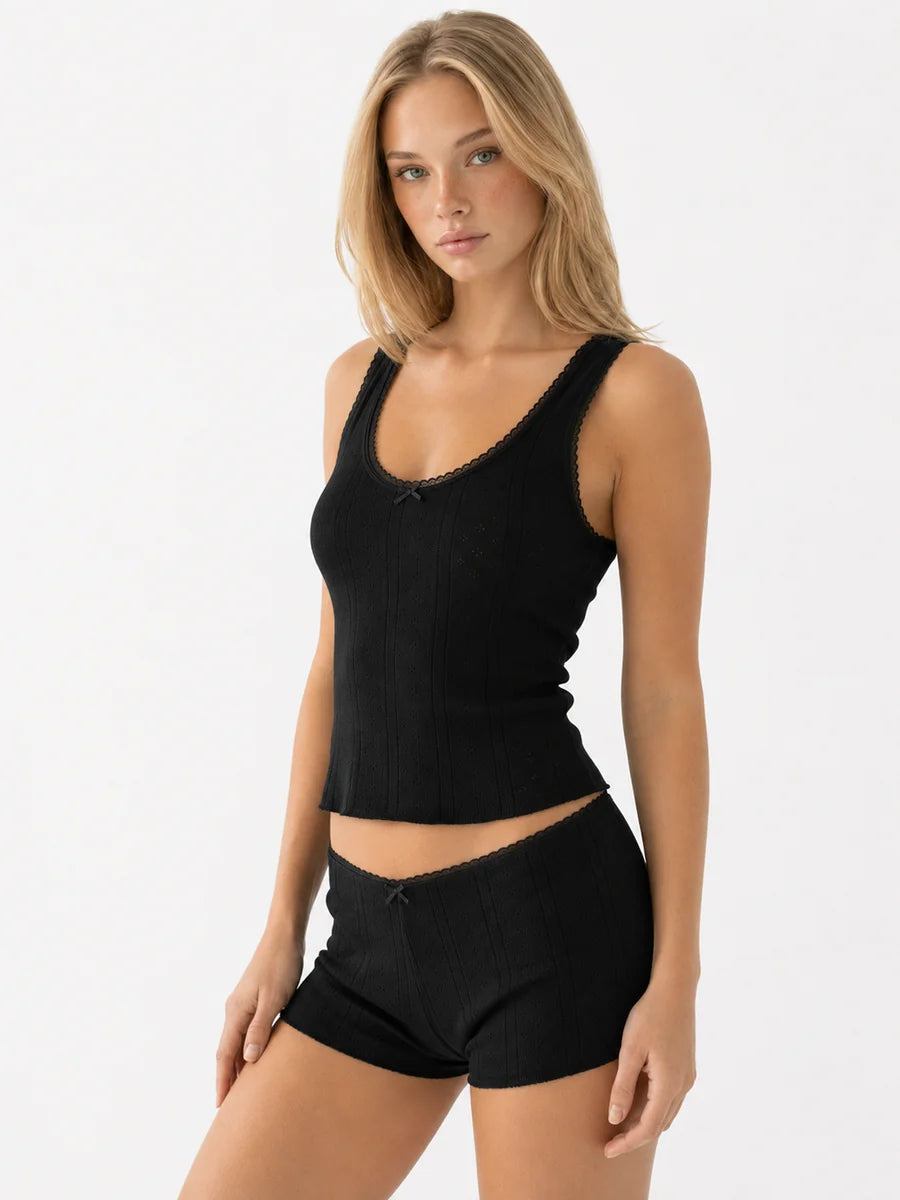 Conjunto de Pijama de Punto Pointelle con Lazos, color negro