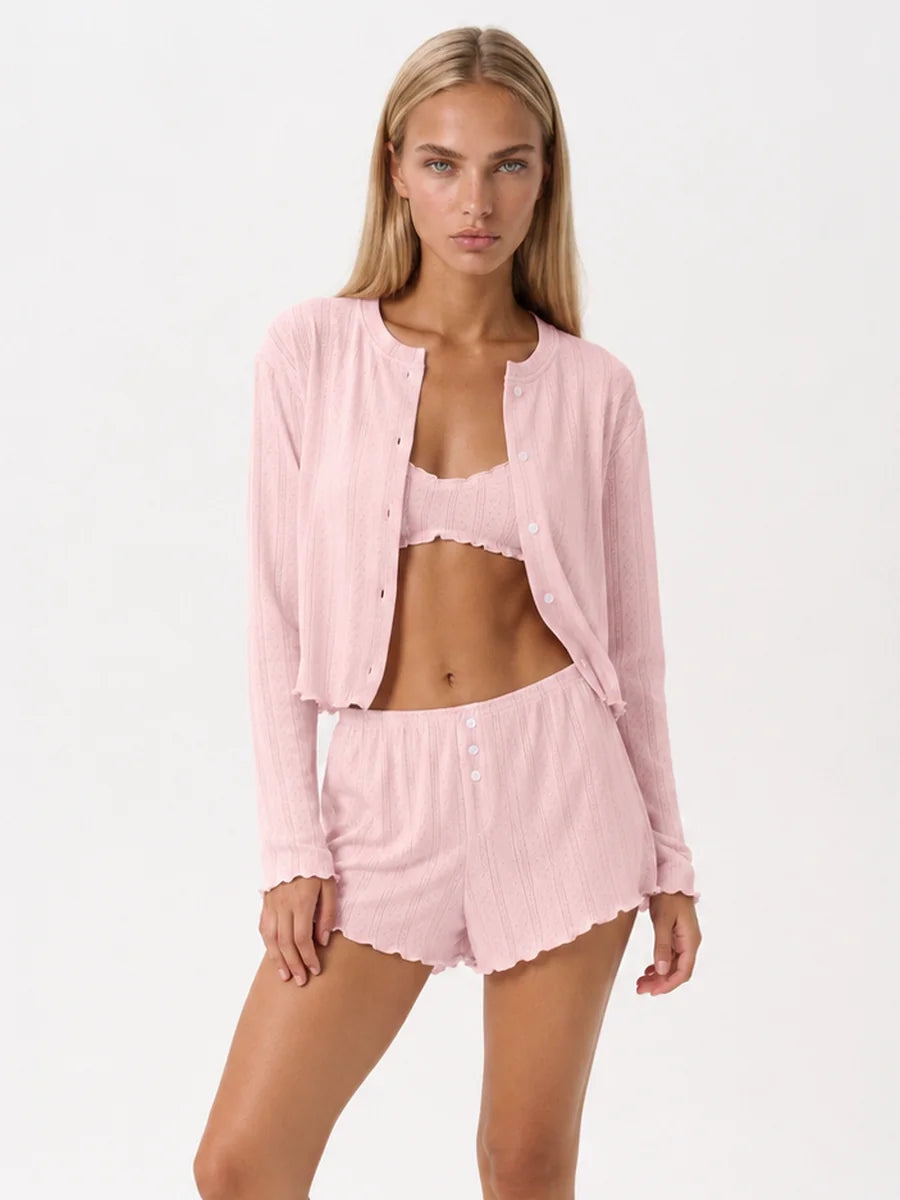 Conjunto de 3 Piezas de Punto Pointelle con Cárdigan, color rosa suave