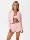 Conjunto de 3 Piezas de Punto Pointelle con Cárdigan, color rosa suave