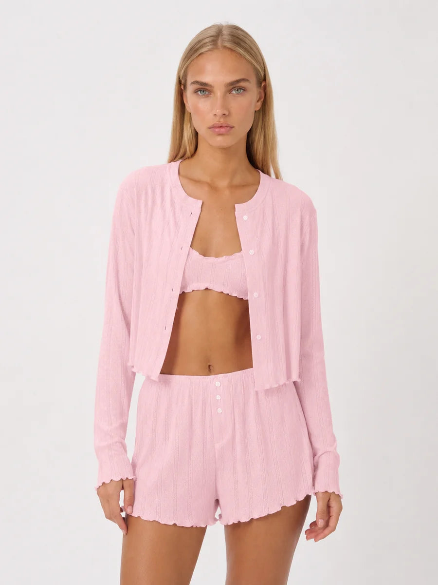 Conjunto de 3 Piezas de Punto Pointelle con Cárdigan, color rosa suave
