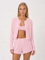Conjunto de 3 Piezas de Punto Pointelle con Cárdigan, color rosa suave