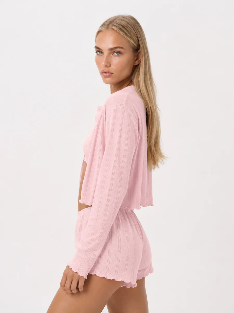 Conjunto de 3 Piezas de Punto Pointelle con Cárdigan, color rosa suave