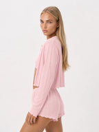 Conjunto de 3 Piezas de Punto Pointelle con Cárdigan, color rosa suave